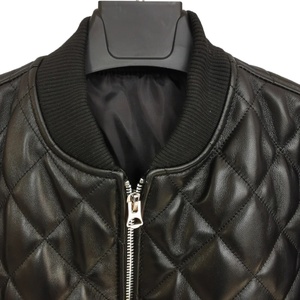 Wholesale High Quality Men Quilted Leather Bomber <b>Jacket</b> Zip Up Regular Fit V-Neck Collar Bomber Genuine Leather <b>Jacket</b> - Product Image 5