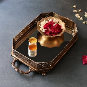 Pure Brass Rectangular Mirror Tray Vintage Gold Mirrored <b>Vanity</b> Mirror Tray Decorative Perfume and <b>Makeup</b> Organizer with Handles - Product Image 1