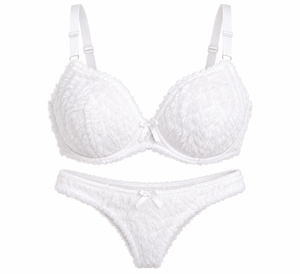 White Faux Fur Sexy Solid Knitted Bra and Thong Set Push-Up Underwire Adjustable Strap Cozy <b>Lingerie</b> for Women Winter <b>Sleepwear</b> - Product Image 1