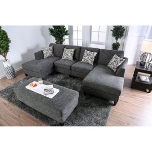 Set Divano Componibile in Ciniglia Grigia 5 Pezzi con Poltrona Senza Braccioli, Pouf e Chaise Longue, Divano Sezionale Imbottito con Cuscini per Arredamento Soggiorno - Product Image 3