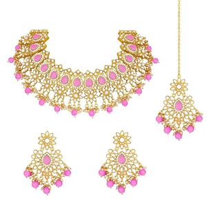 Ensemble collier et boucles d'oreilles en alliage plaqué or avec design floral en strass rose pour femmes, bijoux de mariage - Product Image 1