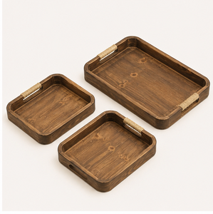 Ensemble de 3 plateaux de service rustiques en bois brun foncé avec poignées en corde de jute, plateaux rectangulaires décoratifs pour le café - Product Image 5