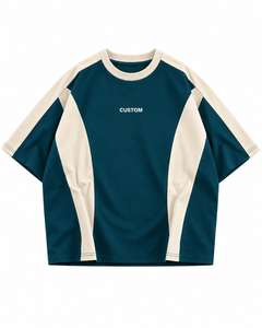 Custom Wholesale 240 GSM 100% Cotton Color Block <b>T</b>-<b>Shirt</b> Teal <b>Cream</b> Contrast Panel Boxy Oversized Tee Center Logo Unisex - Product Image 1