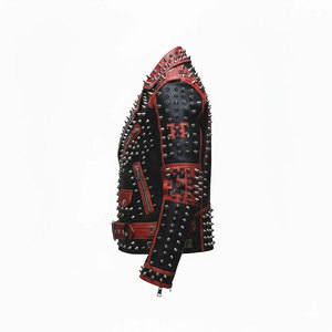 Men's Red & Black Spiked <b>Gothic</b> Leather <b>Jacket</b> - Anarchy Symbol & Winged Skulls Punk Aggressive Biker <b>Jackets</b> - Product Image 4