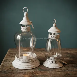 Farol de Vidrio Vintage con Marco Metálico, Acabado Blanco, Decoración para el Hogar, Portavelas, Forma de Cilindro Vacío - Product Image 2