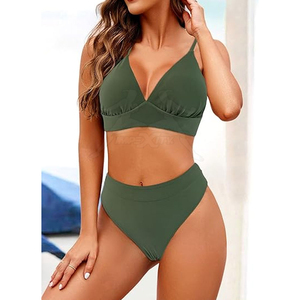 Women's Two Piece <b>Bikini</b> <b>Set</b> Deep V Neck High Waist Solid <b>Green</b> Swimwear Stretch Spandex Polyester - Product Image 2
