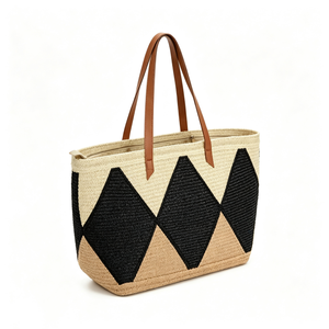 Customized Black diamond patchwork woven tote <b>bag</b>, geometric rhombus straw‑style shoulder shopper, multi‑tone woven <b>basket</b> tote - Product Image 6