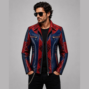 Nouvelle arrivée : Blouson en cuir pour homme grande taille, col montant, fermeture éclair, style motard, effet peau de serpent - Product Image 1