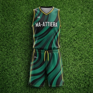 Ensemble de maillot et short de basket-ball personnalisé pour hommes MA-ATTIERA, motif vague vert et noir, uniforme sportif d'équipe par sublimation - Product Image 5