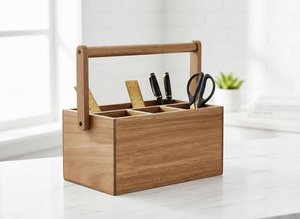 Handcrafted Wooden Cutlery <b>Caddy</b> with Handle Tabletop Spoon Fork and Napkin Organizer for Restaurant - Product Image 5