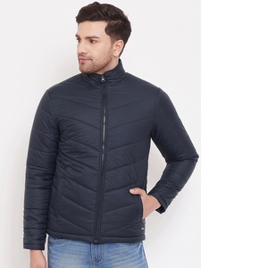 Veste matelassée bleu foncé pour homme, col montant, fermeture éclair sur le devant, coupe-vent, vêtement d'hiver décontracté, couleur unie, coupe classique - Product Image 1