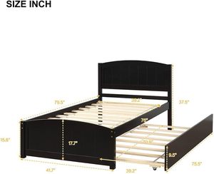 Traditional Design Solid <b>Wood</b> Twin Size Platform <b>Bed</b> & Walnut Finish Trundle Walnut Finish <b>Wood</b> <b>Bed</b> Frame with Trundle - Product Image 4