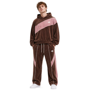 Custom Brown Velour Contrast Panel <b>Hoodies</b> Wide Leg Sweatpants Y2K <b>Oversize</b> Unisex Sweatshirt <b>Lounge</b> Velvet OEM Embroidered Logo - Product Image 1
