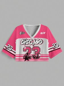 Camiseta Corta de Malla Rosa Y2K para Mujer – Camiseta de Béisbol Vintage Oversize con Estampado de Águila # 23 - Product Image 4