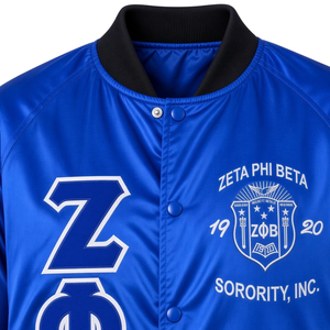Zeta Phi Beta Black Faded <b>Bomber</b> <b>Jacket</b> <b>Women</b> Royal Blue Ombre Satin Chenille Greek Letters Embroidered Crest No Back Logo - Product Image 5