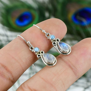 Boucles d'oreilles vintage en pierre de lune arc-en-ciel naturelle, plaquées argent, pour femmes, bijoux de mariage et de fête, vente en gros - Product Image 2