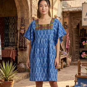 Vestido Mini Azul de Algodón Ikat para Mujer, con Bordado en el Pecho, Mangas con Volantes, Corte Holgado, Informal, para Uso Diario de Verano - Product Image 4