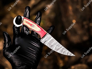 มีดแค้มปิ้งเหล็กดามัสกัส ฟูลแทงค์ ตีขึ้นรูปด้วยมือ ปลายหยดน้ำ ใบมีดคงที่ ด้ามไม้ปักก้า รับผลิตแบบ OEM/ODM ขายส่ง ราคาดีที่สุด - Product Image 4