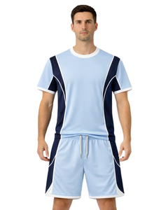 Men Light Blue <b>Navy</b> Blue Sports <b>TShirt</b> Shorts Set Breathable Quick Dry Gym Wear Athletic Running Training Activewear Outfit Set - Product Image 1