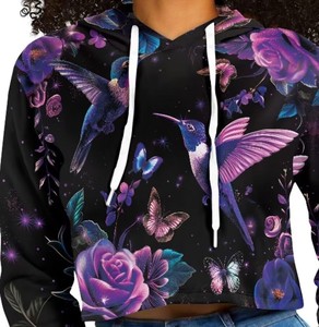 Sudadera casual corta con estampado floral de colibrí, manga larga, poliéster, impresión por sublimación, sudaderas con capucha para mujer. - Product Image 2