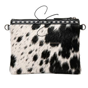 SEHRAINN Women's Cowhide <b>Wristlet</b> Clutch Zipper Bag Black Embossed Leather With Hairon Pattern Daily Use Cowgirl Gypsy Purse - Product Image 4