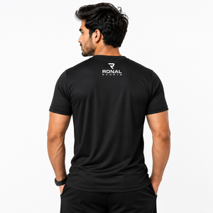 เสื้อยืดแขนสั้นสีดำสำหรับผู้ชาย RONAL SPORTS ทรงปกติ ผ้าเจอร์ซีย์แห้งเร็ว คอกลม ดีไซน์สปอร์ต - Product Image 4