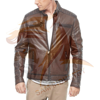 Manteau d'hiver en cuir marron de fabrication professionnelle pour hommes, veste en cuir de haute qualité à col montant pour l'extérieur