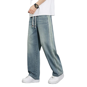Men's Vintage Loose Fit Baggy Straight Denim Pants Summer Thin Soft Wide Leg <b>Jeans</b> <b>Elastic</b> Drawstring <b>Waist</b> Streetwear Winter - Product Image 5