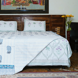 Handmade Organic Kantha Quilt Cotton <b>Bedspread</b> Reversible Lightweight Washable All Season Printed Floral Blue White for Beach - Product Image 5