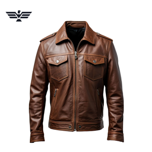 Chaqueta de Cuero Marrón para Hombre con Cierre de Cremallera, Cuello Alto, Bolsillos con Solapa, Logotipo Frontal y Transpirable - Product Image 1