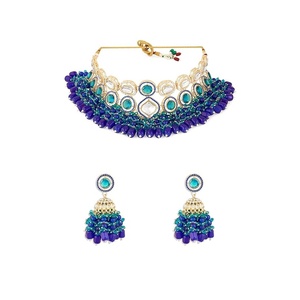 Antique Gold Plated Blue Zircon Tassel Necklace & Earring Set Women's Traditional Indian Wedding Jewelry Alloy Channel Setting - Product Image 4