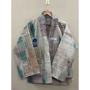 Veste kimono en patchwork 100% coton faite à la main, col châle, manches longues, écologique, pour femme - Product Image 6