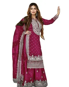 婚礼服装巴基斯坦沙拉拉女性环保成人乔其纱印度和巴基斯坦箔印花贾里刺绣和珍珠作品