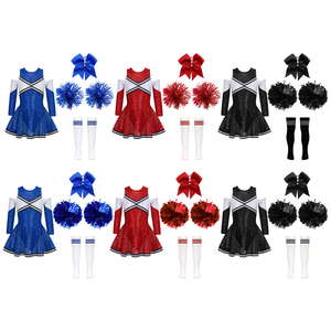 Conjunto de uniforme de porristas, vestido rojo y blanco de manga larga con pompones, lazo y calcetines hasta la rodilla para niños - Product Image 6