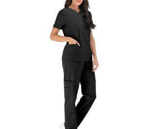 <b>Women</b> <b>Black</b> Scrub Set Short Sleeve <b>Pants</b> Cotton Polyester Knitted Breathable Comfortable Stretch Hospital Uniforms - Product Image 3