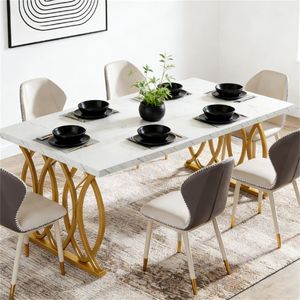 Tavolo da Pranzo Rettangolare in Stile Moderno con Piano in Marmo Artificiale Raffinato per Soggiorno e Cucina - Product Image 1