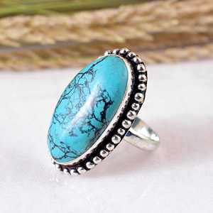 SHYAM JEWELRY Handmade 925 Sterling Silver Blue <b>Turquoise</b> Bezel Setting Oval Rope Texture Boho & Hippie Unisex Wedding <b>Ring</b> - Product Image 2