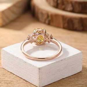 10K 14K 18K Solid Gold Yellow Oval & Round Lab Grown Diamond Engagement Ring Vintage Cluster Side Stones Halo Wedding Ring - Product Image 4