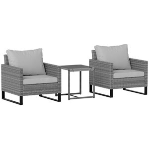 Set Bistrot in Vimini Grigio 3 Pezzi con Cuscini, Sedie in Rattan e Tavolino in Vetro per Arredamento da Giardino, Veranda o Balcone - Product Image 1