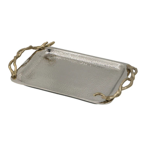 Wholesale <b>Silver</b> Metal Serving <b>Tray</b> With Gold Floral Design Handle Table Centerpiece Food Serving <b>Tray</b> & Platter For Kitchen Use - Product Image 4