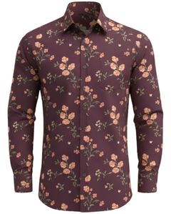 Camisa de Vestir Personalizada para Hombre con Estampado Floral Color Ciruela, Corte Entallado, Botones, Manga Larga, Informal, para Fiesta, Mezcla de Algodón, Hecha a Medida, OEM - Product Image 1