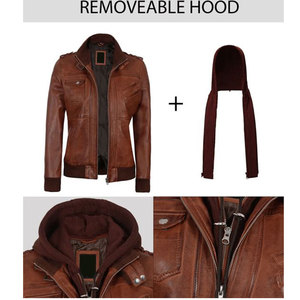 Women's Bomber Cognac Brown Leather <b>Jacket</b> with Removable Hood Premium Soft Lambskin Female Apparel - Product Image 6