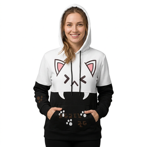 Sweat à capuche pour femme avec motif de chat de dessin animé, noir et blanc, manches régulières, vêtements d'hiver, coton + polyester, respirant, avec poches - Product Image 4