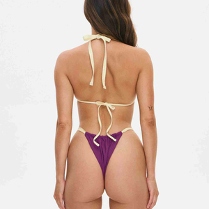 Nouvel ensemble de bikini violet pour femme avec haut halter contrastant crème et bas string en spandex et nylon extensible, maillot de bain deux pièces - Product Image 2