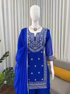 Ensemble Salwar Pakistanaise pour femme en Faux Georgette brodé bleu roi, pour mariage traditionnel, Diwali et tenue de soirée, avec Dupatta, séchage rapide - Product Image 4