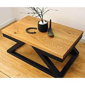 Table basse en bois massif d'acacia naturel avec base en métal géométrique noir pour salon, maison, hôtel - Product Image 1