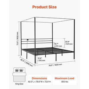 Letto a baldacchino King Size in metallo con quattro postelli, stazione di ricarica, doghe in acciaio resistente e supporto inferiore rinforzato - Product Image 2