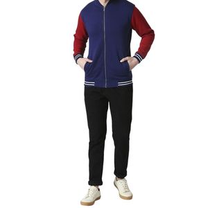 Blue Red Contrast Sleeve Zip Up Varsity <b>Jacket</b> <b>Slim</b> <b>Fit</b> Fleece Baseball Bomber Coat Sportswear Casual Men <b>Jacket</b> - Product Image 3