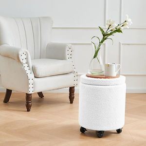 Taburete Rodante Multifuncional de Terciopelo Teddy, Otomana de Almacenamiento con Reposapiés y Mesa de Centro, Otomanas con Ruedas - Product Image 3