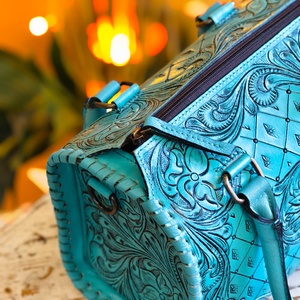 Sky Blue Color 100% Genuine Leather Mini Speedy Duffle <b>Bags</b> Women's Beautiful Attractive Floral Carved With Single Stone <b>Studded</b> - Product Image 4